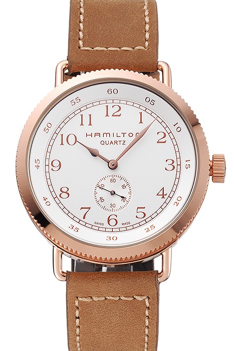 Hamilton Navy Pioneer Small Second White Dial Rose Gold Case Light Brown Leather Strap