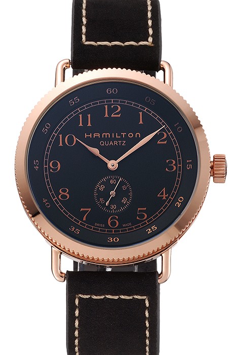 Hamilton Navy Pioneer Small Second Black Dial Rose Gold Case Black Leather Strap