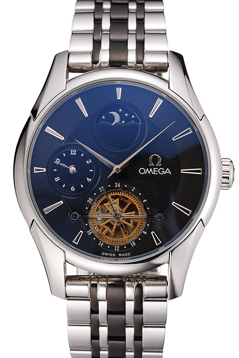 Omega De Ville Moonphase Tourbillon Black Dial Stainless Steel Case Two Tone Black Steel Bracelet