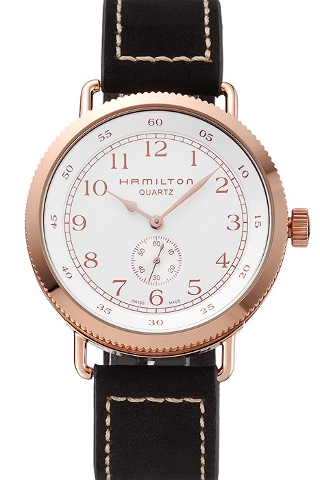 Hamilton Navy Pioneer Small Second White Dial Rose Gold Case Black Leather Strap