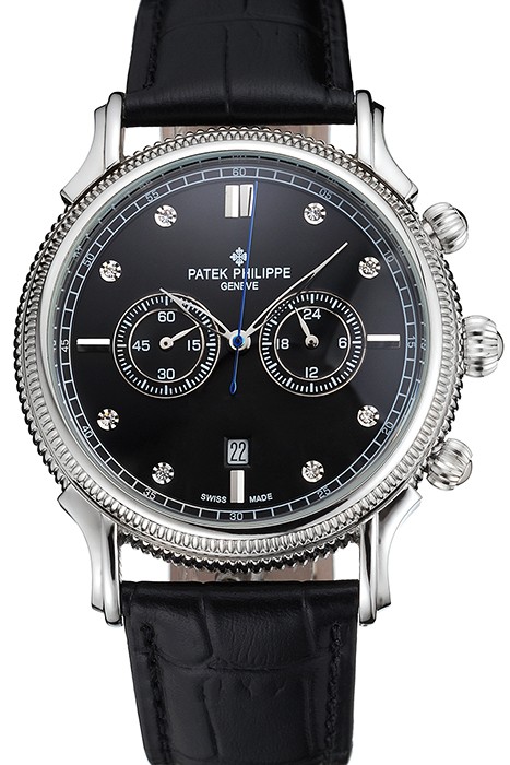 Patek Philippe Chronograph Black Dial With Diamonds Stainless Steel Case Black Leather Strap