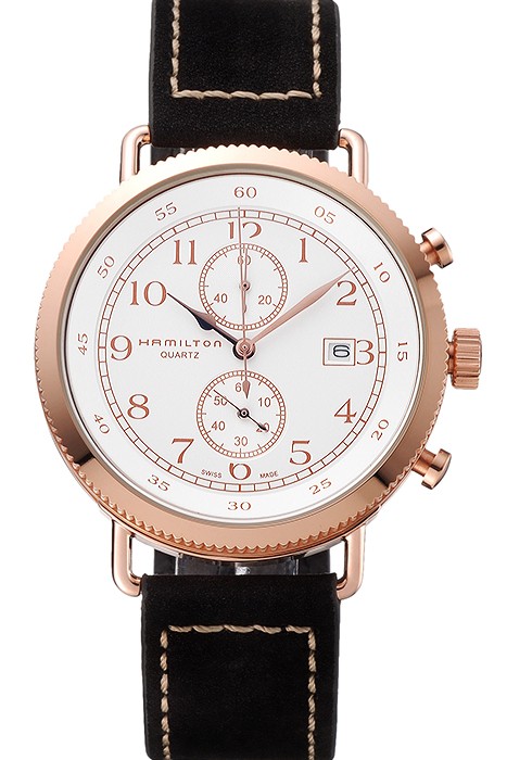 Hamilton Navy Pioneer Chrono White Dial Rose Gold Case Black Leather Strap