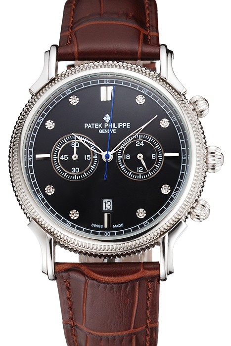 Patek Philippe Chronograph Black Dial With Diamonds Stainless Steel Case Brown Leather Strap