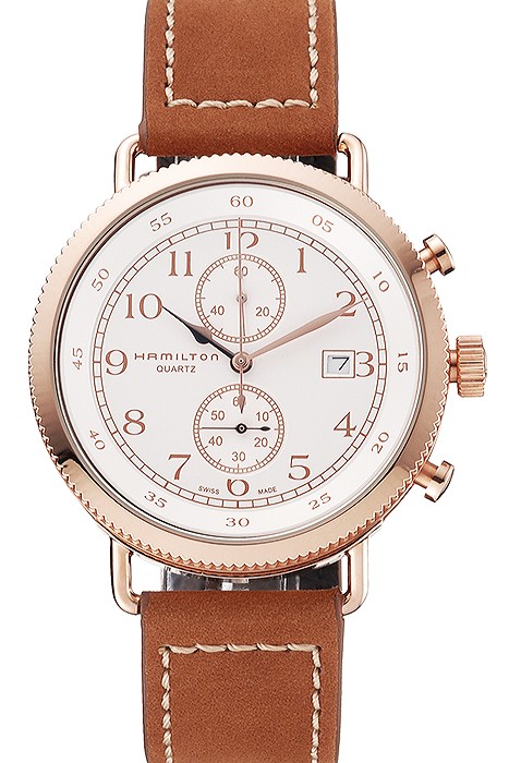Hamilton Navy Pioneer Chrono White Dial Rose Gold Case Brown Leather Strap