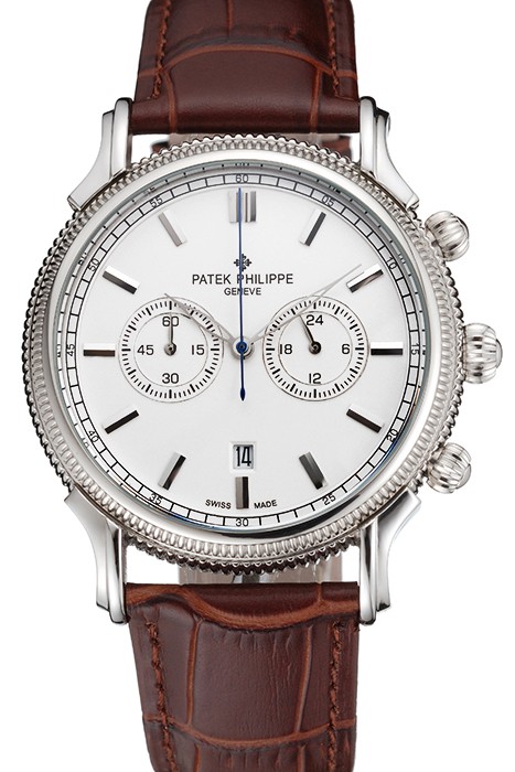 Patek Philippe Chronograph White Dial Stainless Steel Case Brown Leather Strap