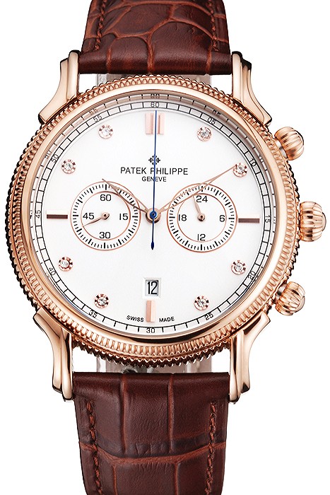 Patek Philippe Chronograph White Dial With Diamonds Rose Gold Case Brown Leather Strap
