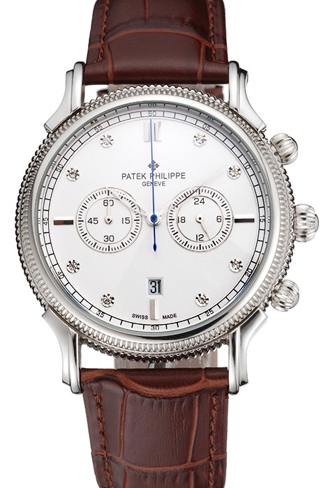 Patek Philippe Chronograph White Dial With Diamonds Stainless Steel Case Brown Leather Strap