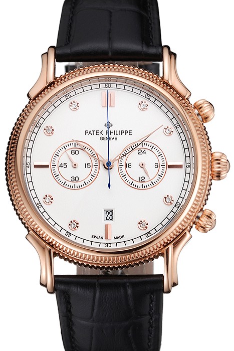 Patek Philippe Chronograph White Dial With Diamonds Rose Gold Case Black Leather Strap
