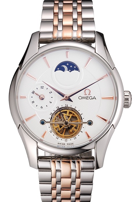 Omega De Ville Moonphase Tourbillon White Dial Stainless Steel Case Two Tone Steel Rose Gold Bracelet