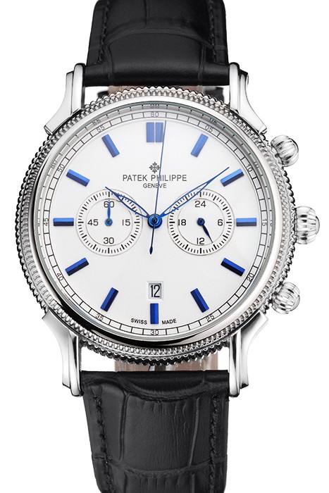 Patek Philippe Chronograph White Dial Blue Markings Stainless Steel Case Black Leather Strap