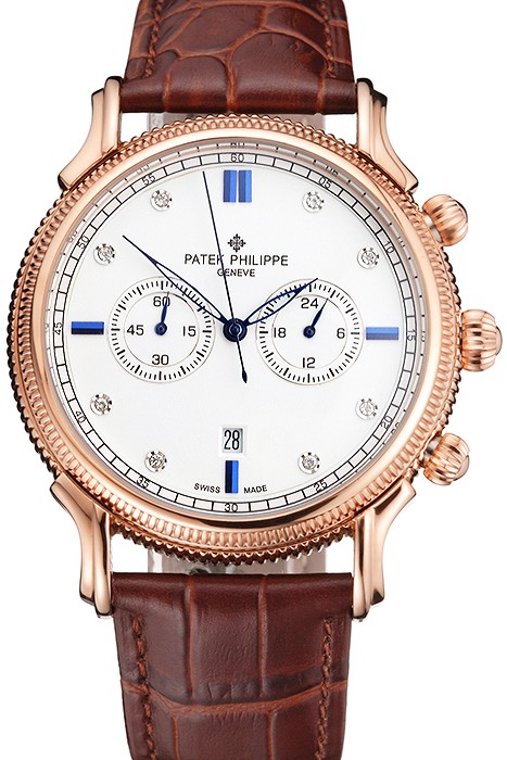 Patek Philippe Chronograph White Dial With Blue And Diamond Markings Rose Gold Case Brown Leather Strap