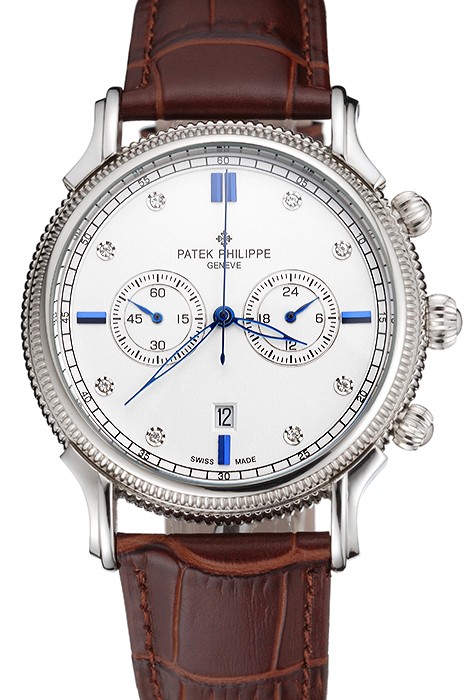 Patek Philippe Chronograph White Dial With Diamond And Blue Markings Stainless Steel Case Brown Leather Strap