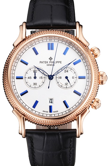Patek Philippe Chronograph White Dial Blue Markings Rose Gold Case Black Leather Strap
