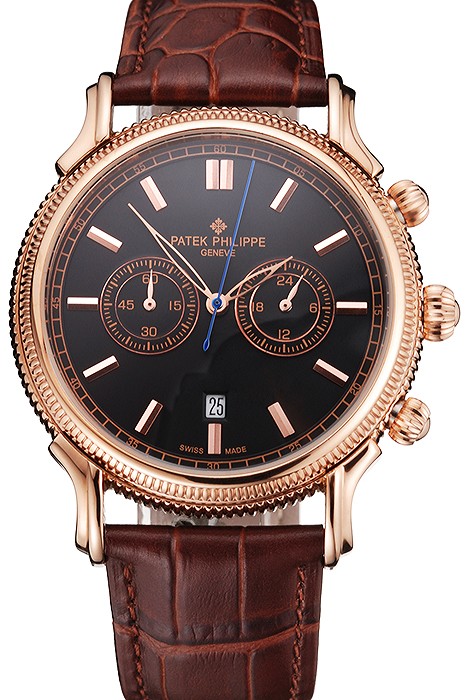 Patek Philippe Chronograph Black Dial Rose Gold Case Brown Leather Strap