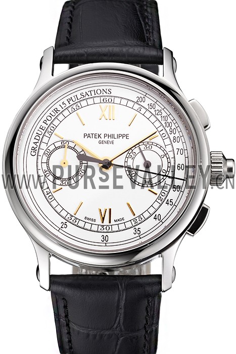 Swiss Patek Philippe 5170J Chronograph White Dial Gold Hands Stainless Steel Case Black Leather Strap