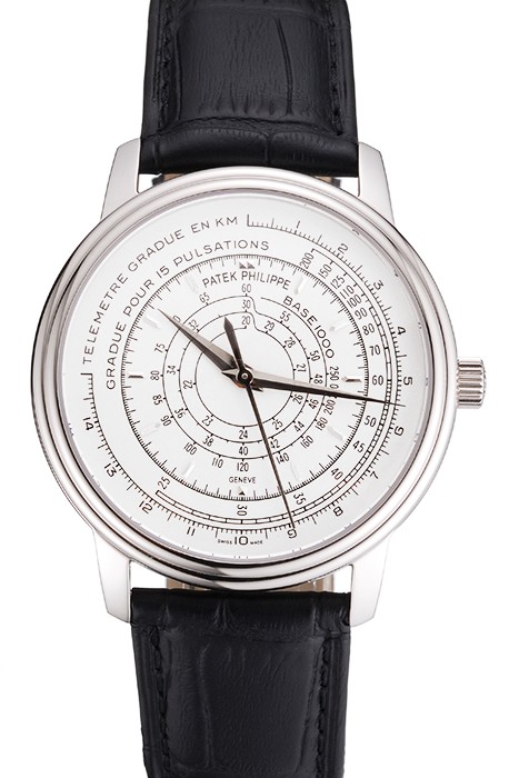 Swiss Patek Philippe Multi-Scale Chronograph White Dial Stainless Steel Case Black Leather Strap