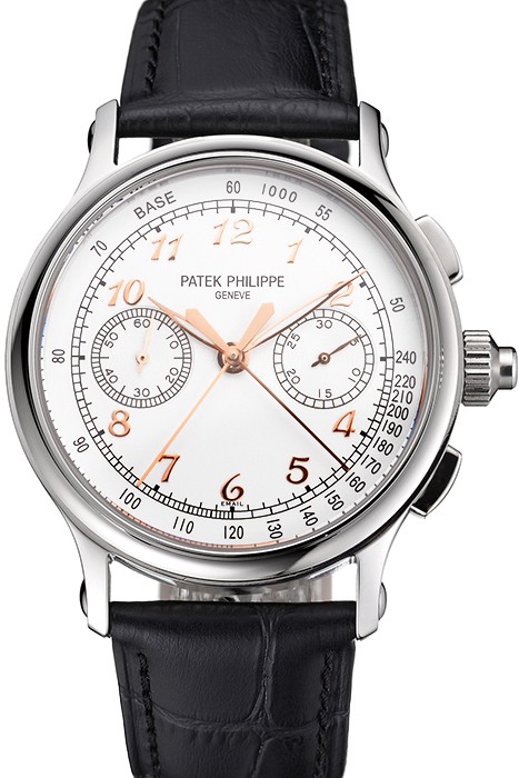 Swiss Patek Philippe Split Seconds Chronograph White Dial Rose Gold Hands Stainless Steel Case Black Leather Strap