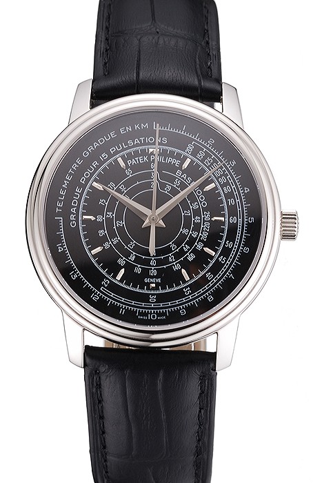 Swiss Patek Philippe Multi-Scale Chronograph Black Dial Stainless Steel Case Black Leather Strap