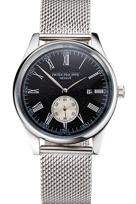 Patek Philippe Calatrava Small Seconds Black Engraved Dial Stainless Steel Case And Bracelet