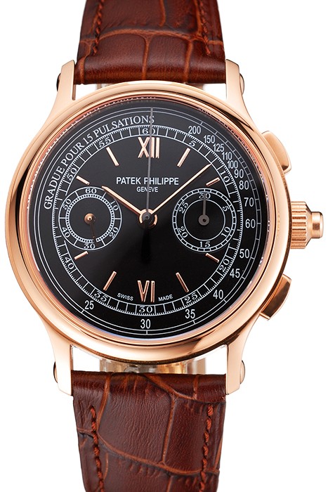 Swiss Patek Philippe 5170J Chronograph Black Dial Rose Gold Case Brown Leather Strap