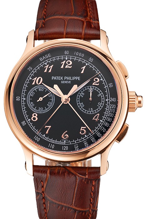 Swiss Patek Philippe Split Seconds Chronograph Black Dial Rose Gold Case Brown Leather Strap