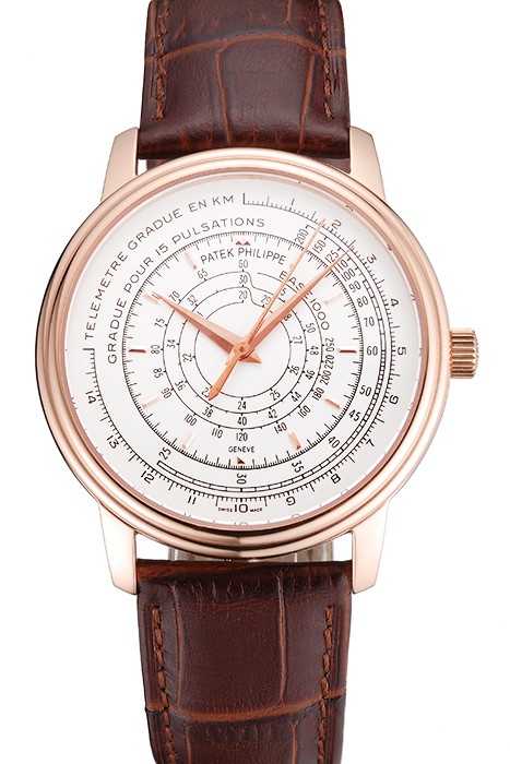 Swiss Patek Philippe Multi-Scale Chronograph White Dial Rose Gold Case Brown Leather Strap