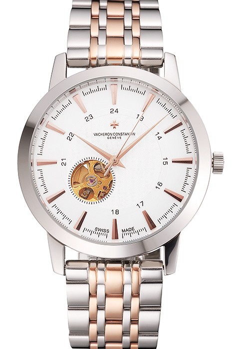 Vacheron Constantin Tourbillon White Dial Rose Gold Numerals Stainless Steel Case Two Tone Bracelet