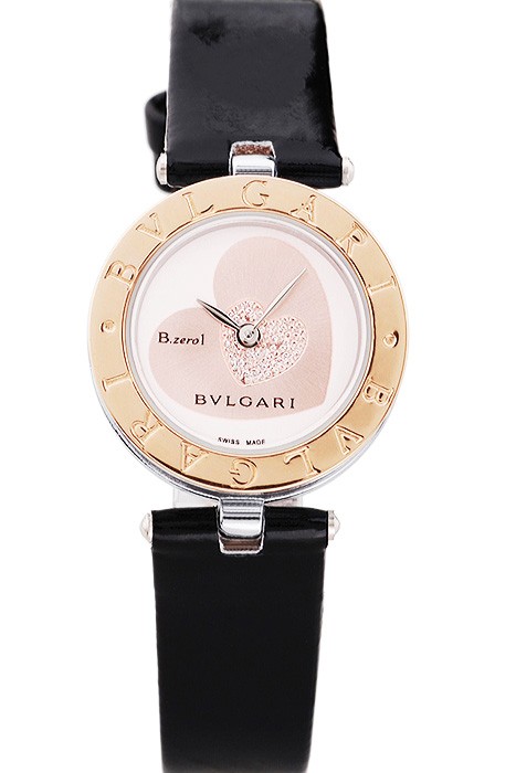 Bvlgari B.ZERO1 25mm White Dial Stainless Steel Case Gold Bezel Black Leather Bracelet