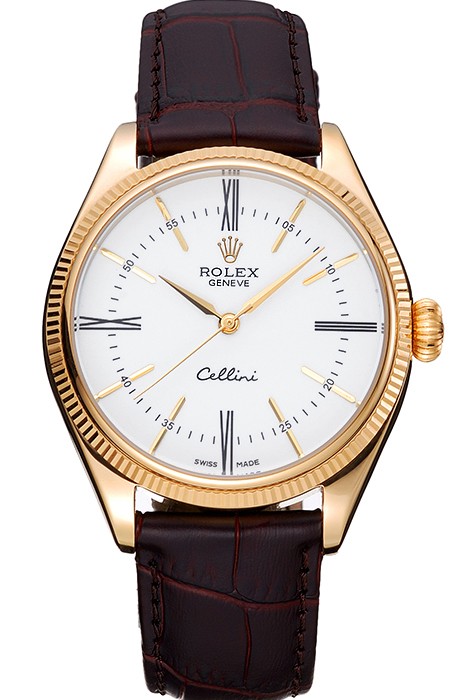 Rolex Cellini White Dial Gold Case Brown Leather Strap  622833