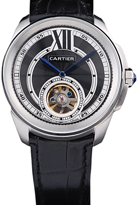Cartier Calibre Flying Tourbillon Black Dial Stainless Steel Case Black Leather Bracelet
