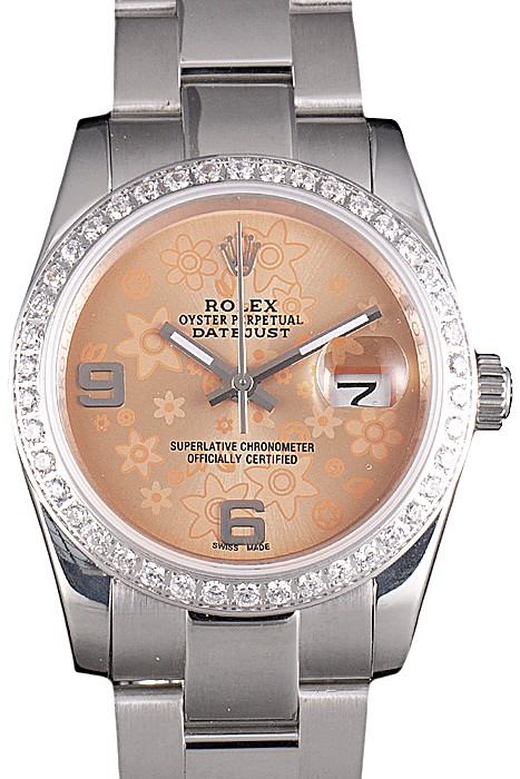 Rolex Datejust Polished Stainless Steel Orange Flowers Dial Diamond Plated