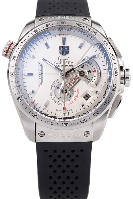 Tag Heuer Swiss Carrera Tachymeter Bezel Perforated Black Rubber Strap White Dial