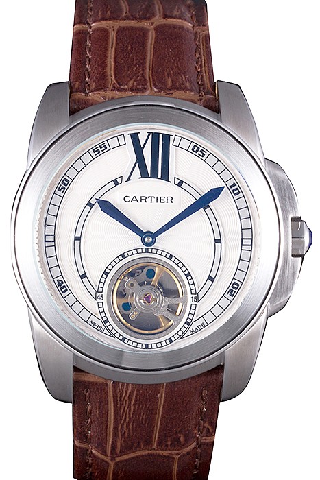 Cartier Calibre Flying Tourbillon White Dial Stainless Steel Case Brown Leather Bracelet