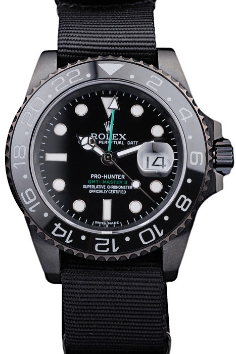 Rolex Swiss GMT Master II Pro-Hunter Black Fabric Strap Black Dial