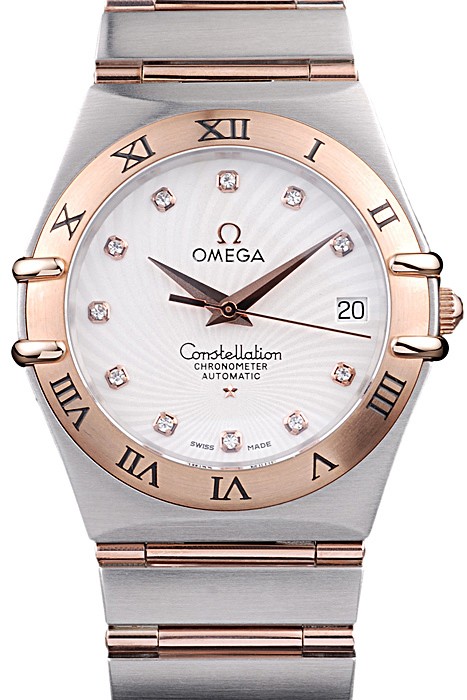 Omega Swiss Constellation Jewelry Rose Gold Case Radial Emblem White Dial