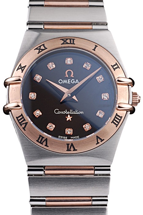Omega Swiss Constellation Jewelry Rose Gold Case Black Dial  98114
