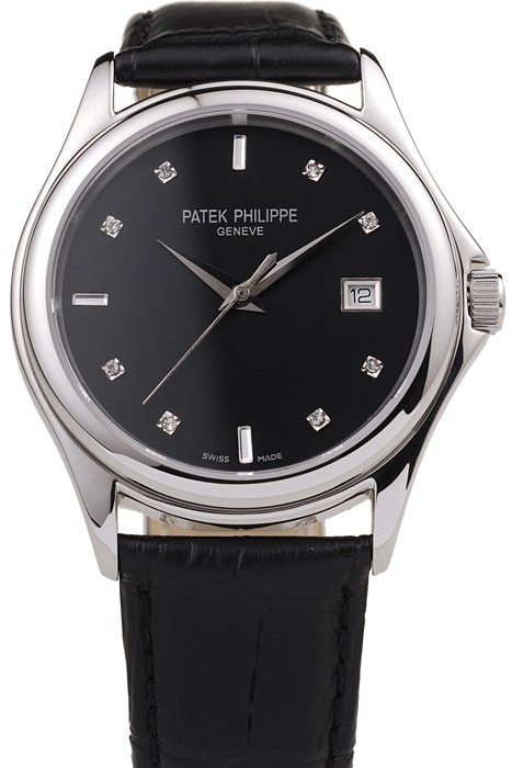 Patek Philippe Geneve Calatrava Crystal Studded Hour Marker Black Dial Black Leather Strap 98170