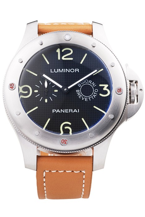 Panerai Luminor Brushed Stainless Steel Case Blue Dial Brown Leather Strap