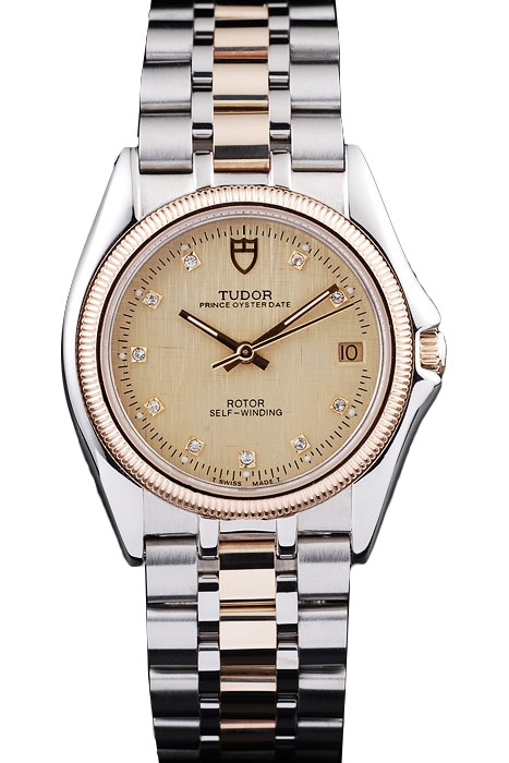Tudor Swiss Classic Prince Date Stainless Steel Case Rose Gold Ribbed Bezel Gold Dial