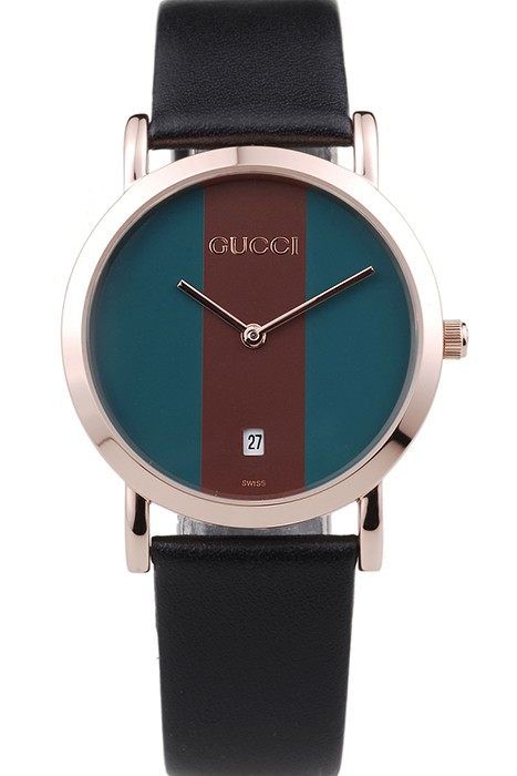 Gucci Polished Rose Gold Bezel Dark Green Dial Black Leather Strap