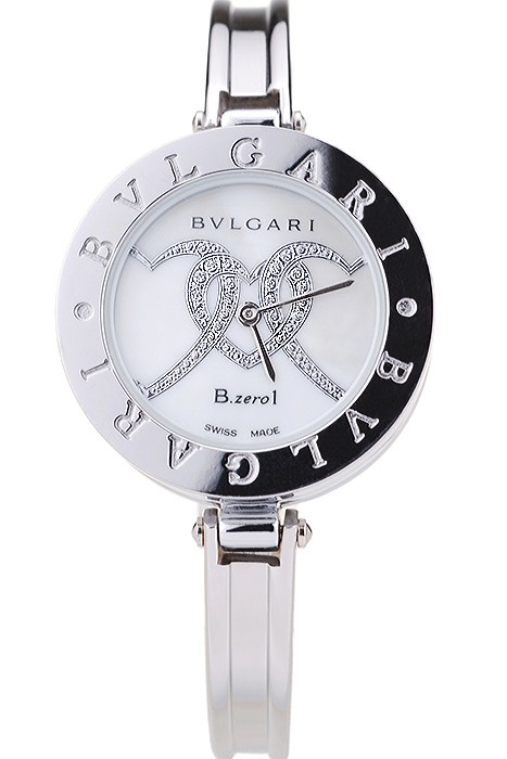 Bvlgari B.ZERO1 30mm White Diamond Heart Dial Steel Case Black Bezel Steel Bracelet