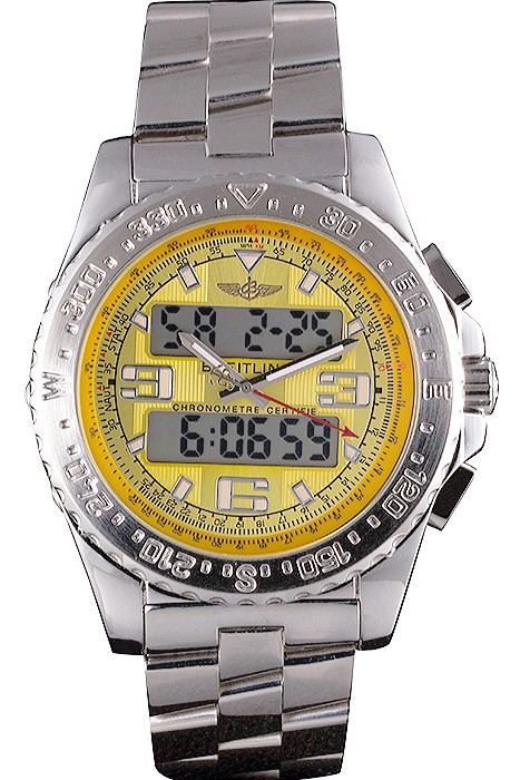 Breitling Certifie Yellow Dial Stainless Steel Strap Rose Gold Bezel