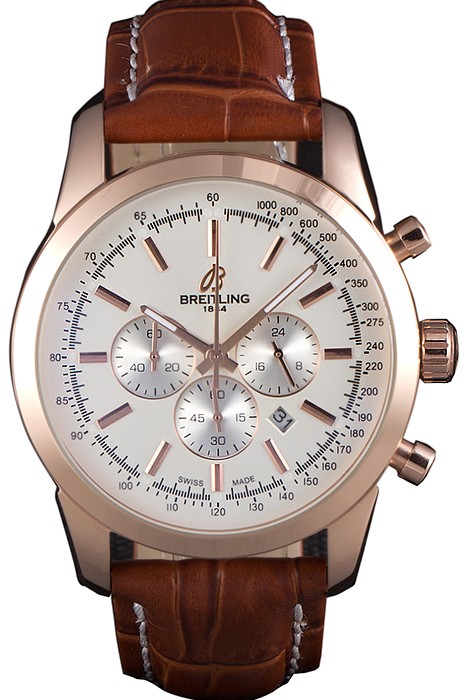 Breitling Transocean White Dial Brown Leather Strap Rose Gold Bezel
