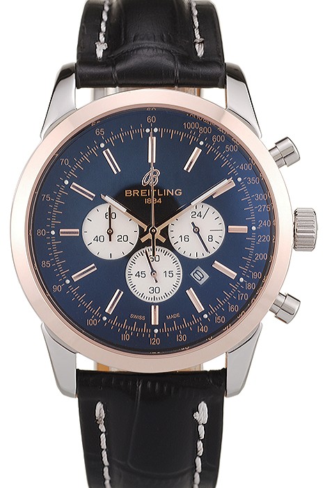 Breitling Transocean Black Dial Black Leather Strap Rose Gold Bezel 98203