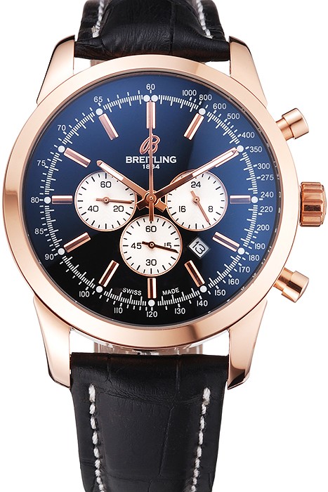 Breitling Transocean Black Dial Black Leather Strap Rose Gold Bezel 98204