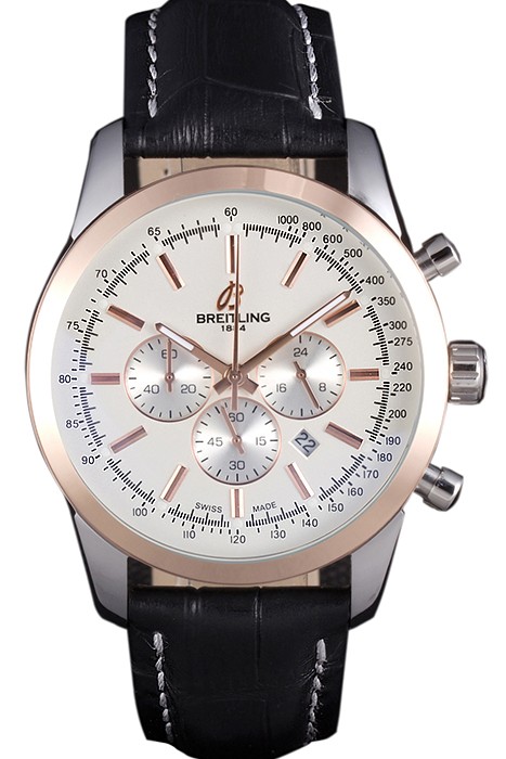 Breitling Transocean White Dial Black Leather Strap Rose Gold Bezel 98205