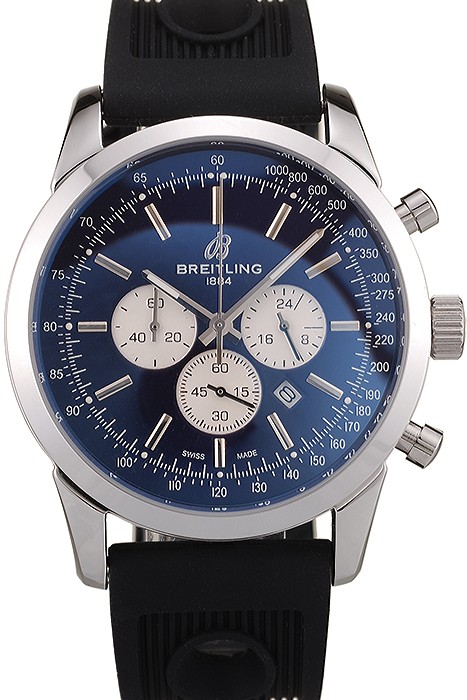 Breitling Transocean Black Dial Black Rubber Strap Polished Stainless Steel Bezel