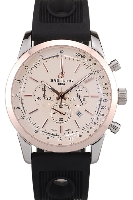Breitling Transocean White Dial Black Rubber Strap Rose Gold Bezel