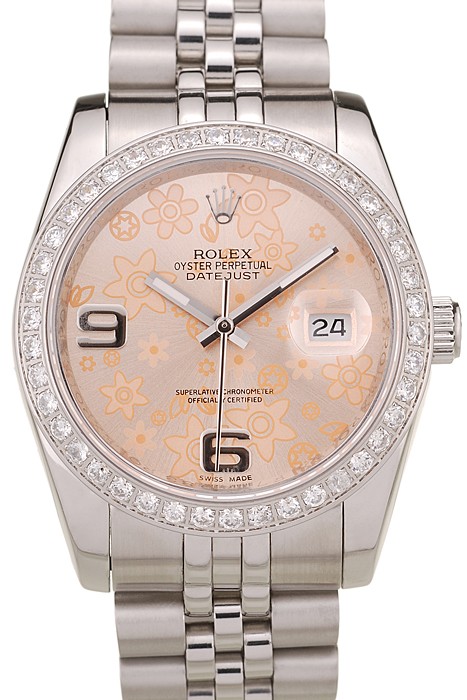 Rolex DateJust Brushed Stainless Steel Case Orange Flowers Dial Diamonds Plated