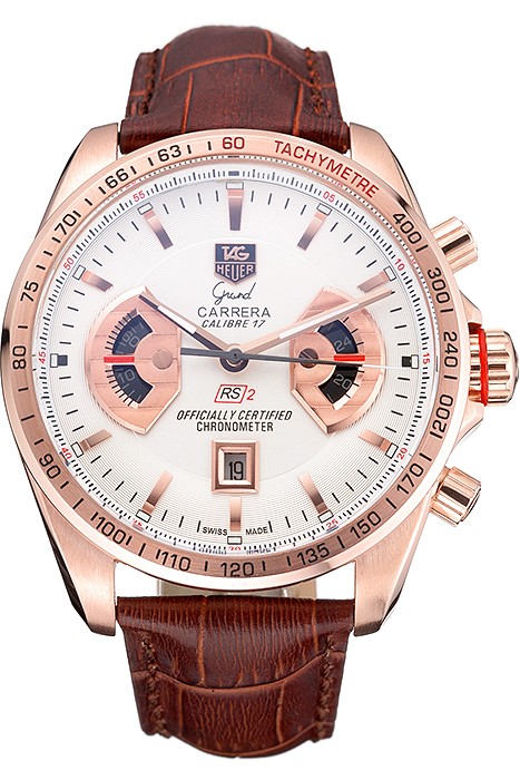 Tag Heuer Carrera Rose Gold Case White Dial Brown Leather Strap 98245